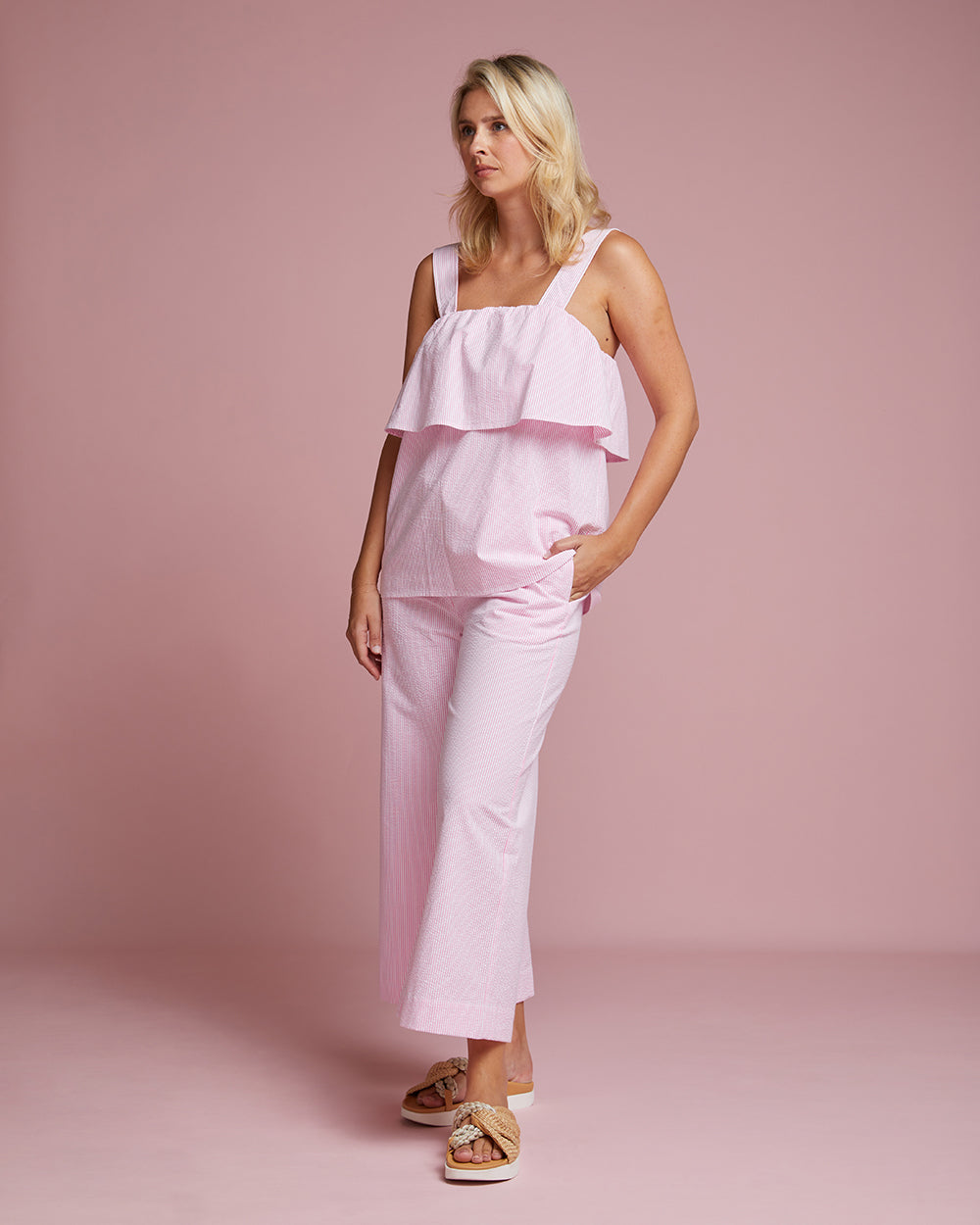 Portofino Trouser - Bubblegum Seersucker
